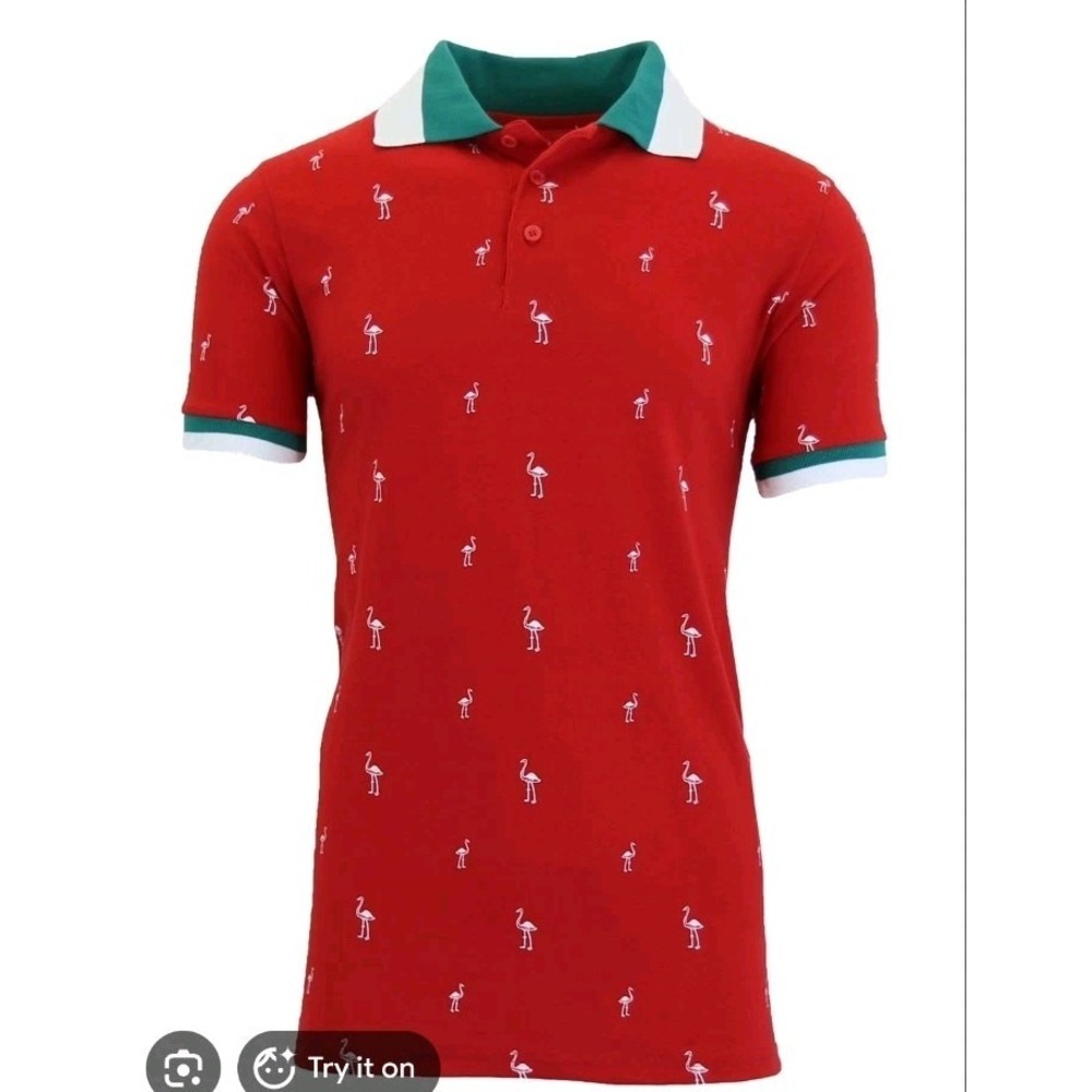 Men's Short Sleeve Red Shirt With Collar Flamingo Pattern Cotton-Blend NEW - Picture 2 of 3